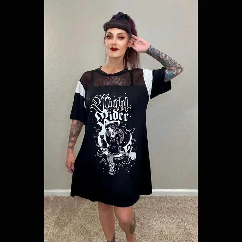 NWOT Killstar Nightrider Dress Witch Tunic Goth Punk Whimsgoth Black & White L - Picture 1 of 14